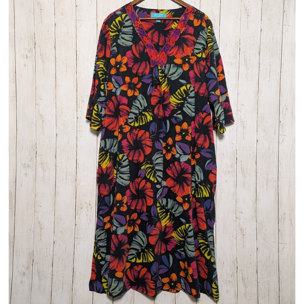 Vintage Tropical Floral Maxi Dress Plus 2X Pockets Boho Vacation Resort Summer